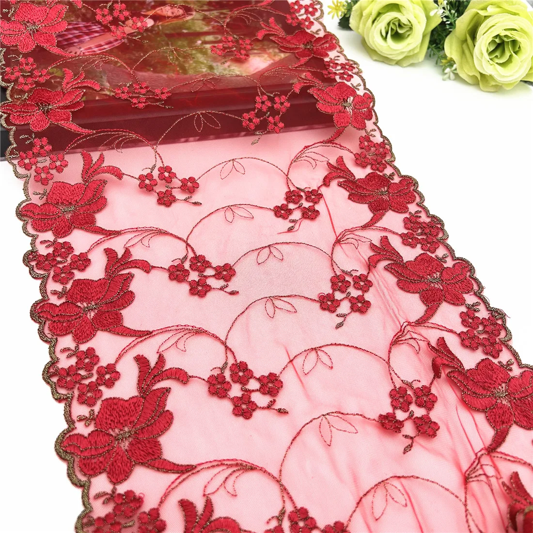 20y/lot Width 9Inch 23cm Red Gold Embroidery Floral Lace Trim Skirt Hem Underwear Sewing Material Craft DIY Apparel Fabrics Lace