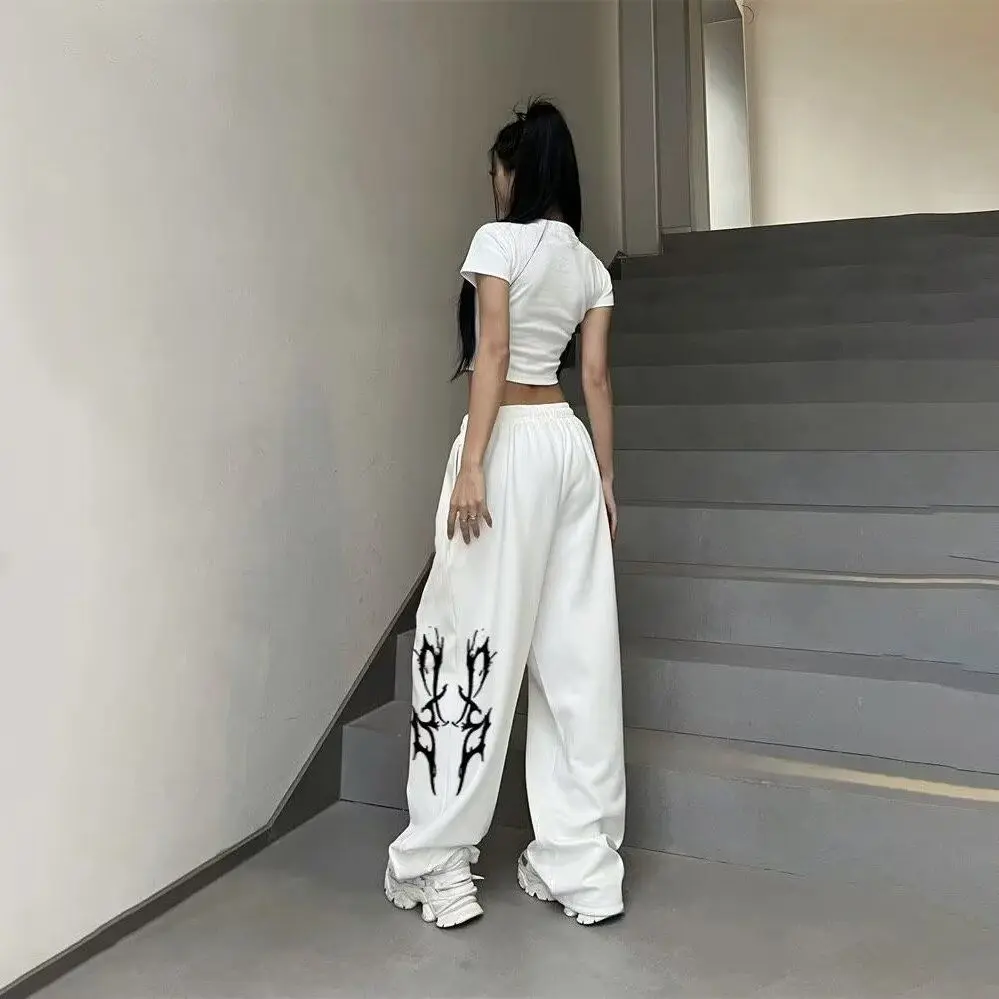 อเมริกัน Sweatpants หลวมตรง Hiphop Jazz Dance ผ้าฝ้ายพิมพ์กางเกงขากว้างสบายๆสไตล์ขี้เกียจ Hip-Hop กางเกงกีฬา