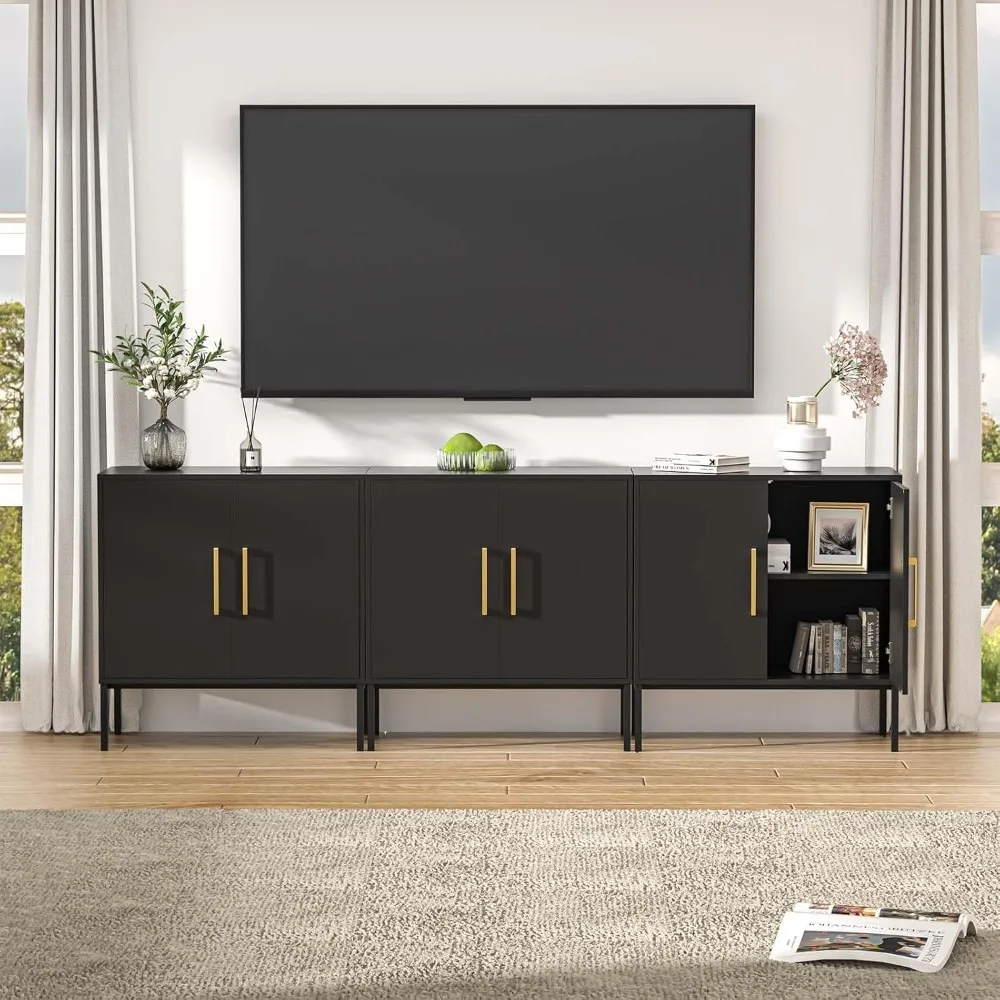 Lemari Penyimpanan dengan Pintu, Set Isi 3, Lemari Prasmanan Modern dengan Penyimpanan, Prasmanan Bufet Dapur, Kabinet Aksen Kayu Hitam f