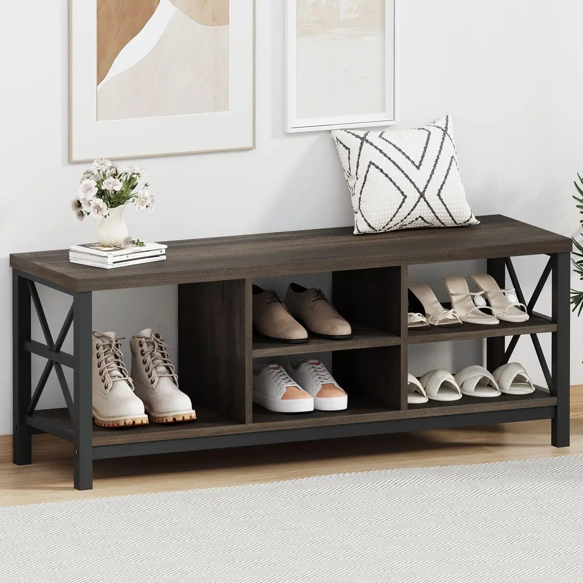 Shoe Bench Entryway with Storage, Industrial Wood and Metal Hallway Bench with Adjustable Shelves, 47.24