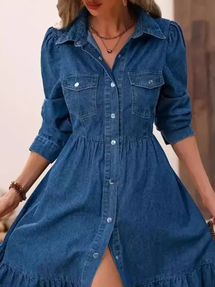 패션 프릴 여성 블루 데님 드레스 우아한 버튼 셔츠 미디 드레스 여성 봄 여름 새로운 캐주얼 드레스 가운 Femme