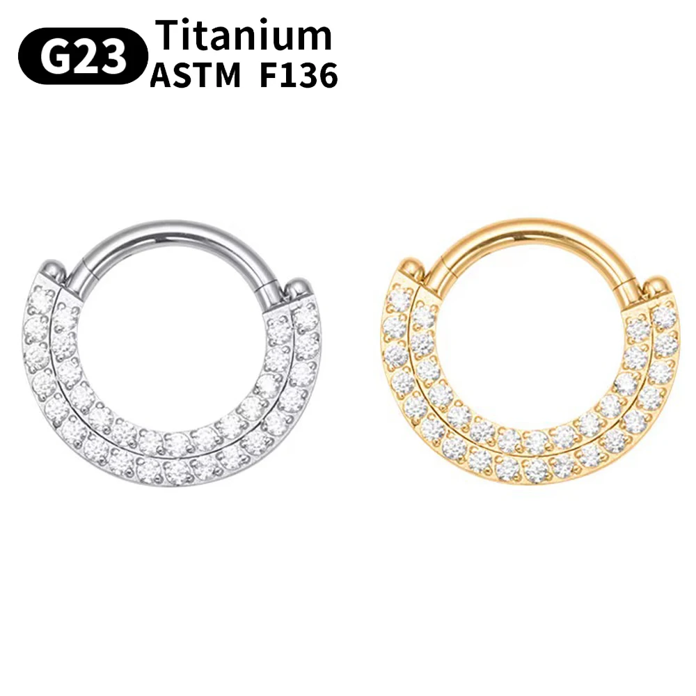 ASTM F136 Titanium Clicker Septum Nose Ring Sector CZ Daith Earring Hoop Front Facing Hinged Segment Piercing Body Jewelry