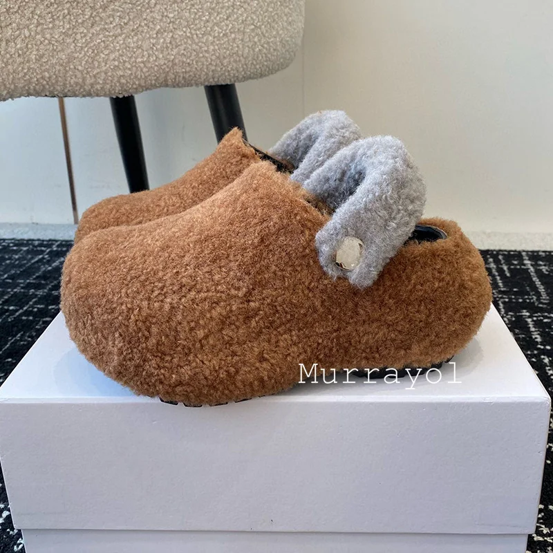 Closed Toe Lamb Wool Buckle Decor Sandalias Women's Fur Back Strap Thick Bottom Heighten Sandals Autumn Winter Outwear Mules