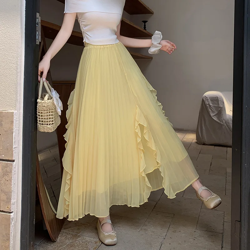 Lotus Leaf Edge Pleated Half Skirt for Women in Summer, Irregular Design, Split and Hanging Feeling, A-line Large Swing Skirt