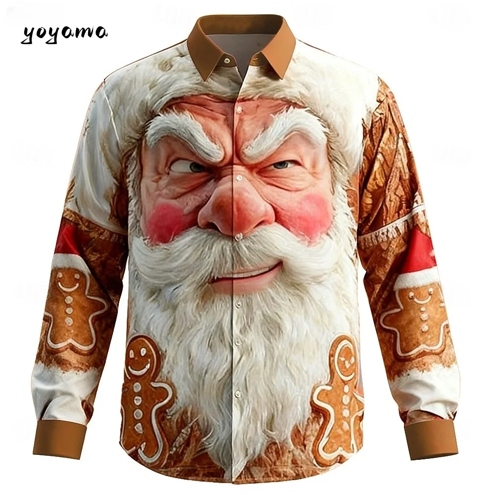 패션 남성용 재미있는 산타 얼굴 셔츠 3D 프린트 버튼업 칼라 2026 크리스마스 긴팔 상의 봄 가을 휴일 남성 셔츠