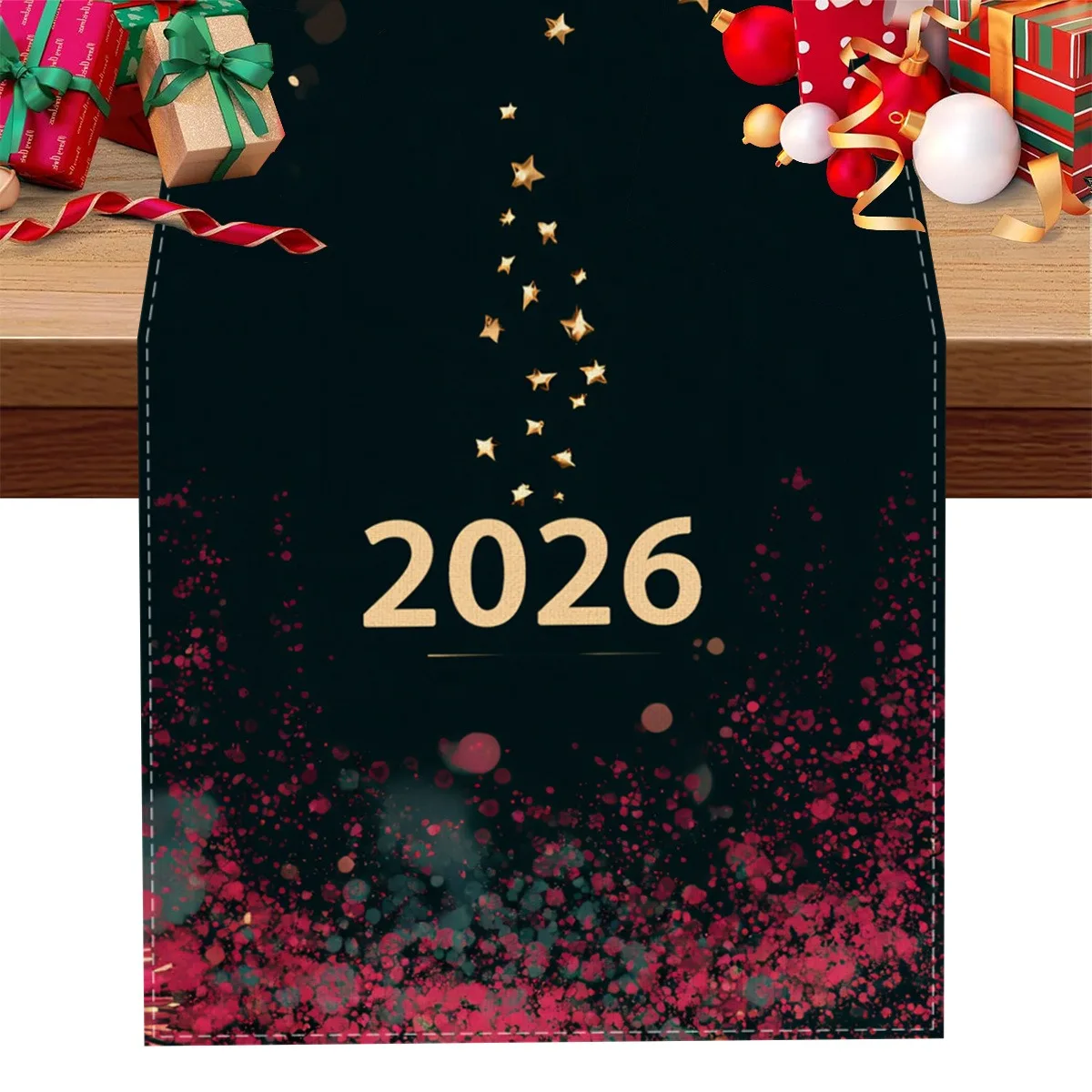 1 قطعة الجدول عداء أحجام متعددة 2D طباعة عيد الحب 2026 ليلة مليئة بالنجوم الألعاب النارية الذهب البريق فو الكتان داخلي ديكور للطاولات هدية #1