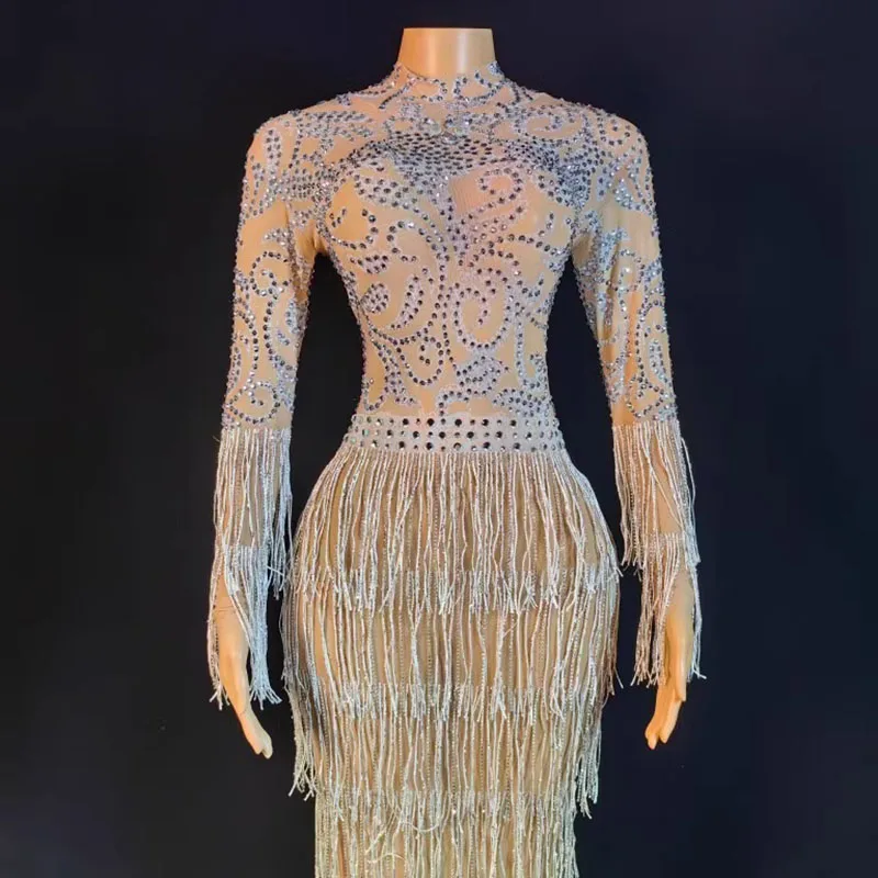 Robe pour femmes, tenue de soirée en boîte de nuit, jupe longue à pompons superposés, fesses en maille élastique, style européen et américain