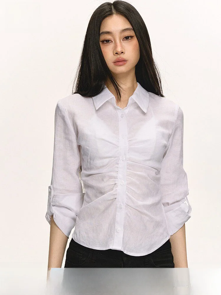 

Anna Aneae Women's White Linen Shirt Spring Season Slim Fit Short Sleeve Long Sleeve Sun Protection Top Fashionable Business ...