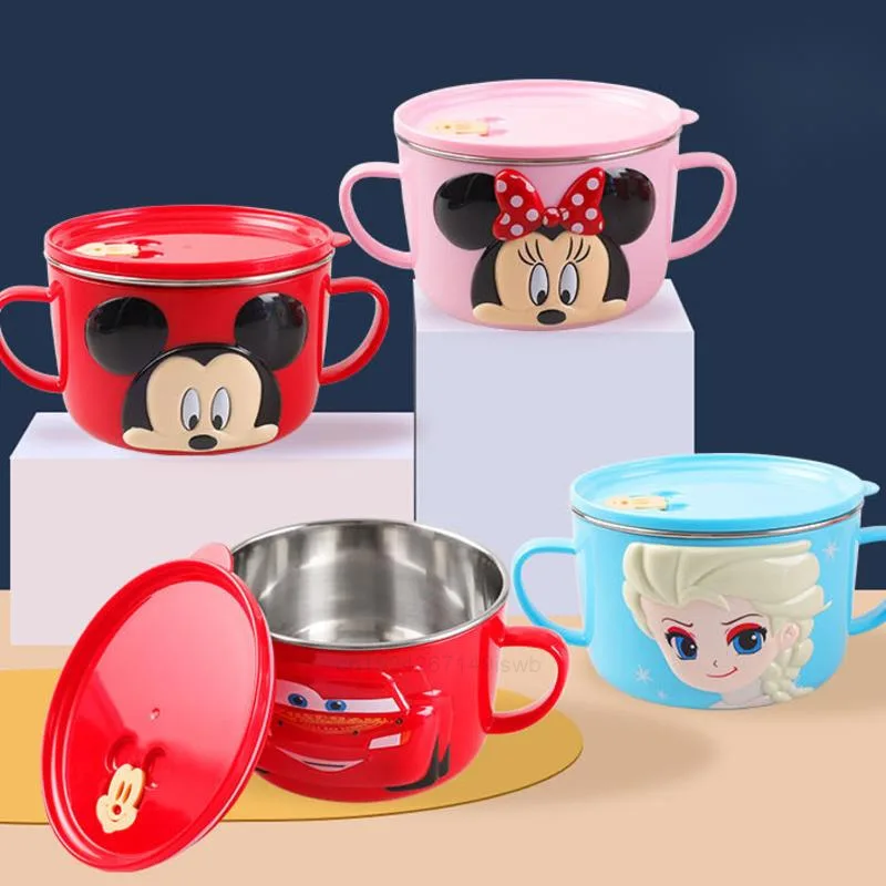 

Disney Минни Микки Эльза милый мультфильм из нержавеющей стали против падения утолщенная противоожоговая миска с двойными ушками и крышкой детская посуда