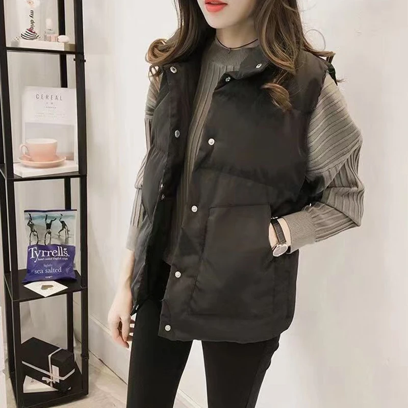 Women Autumn Elegant Cotton Padded Coats Warm Outerwear Casual Sleeveless Puffy Waistcoat Women Fashion White Vests Jackets