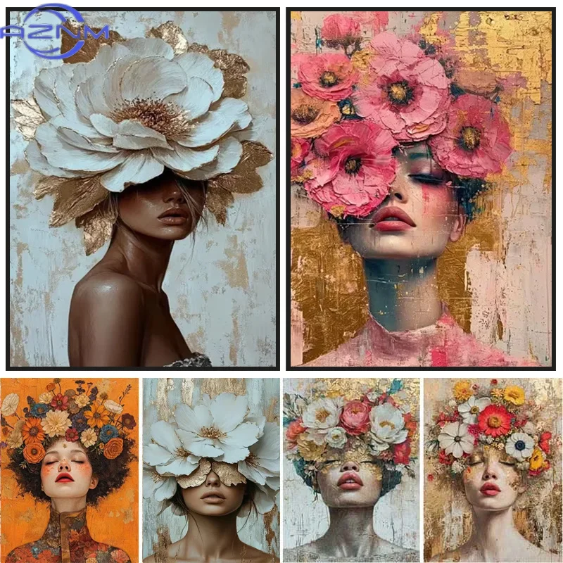 Farbenfrohe Modische Mystische Blumen-Frauen-Leinwandmalerei Moderne Wandkunst Frauen-Charakter-Poster Drucke Wohnzimmer Heim-Dekoration