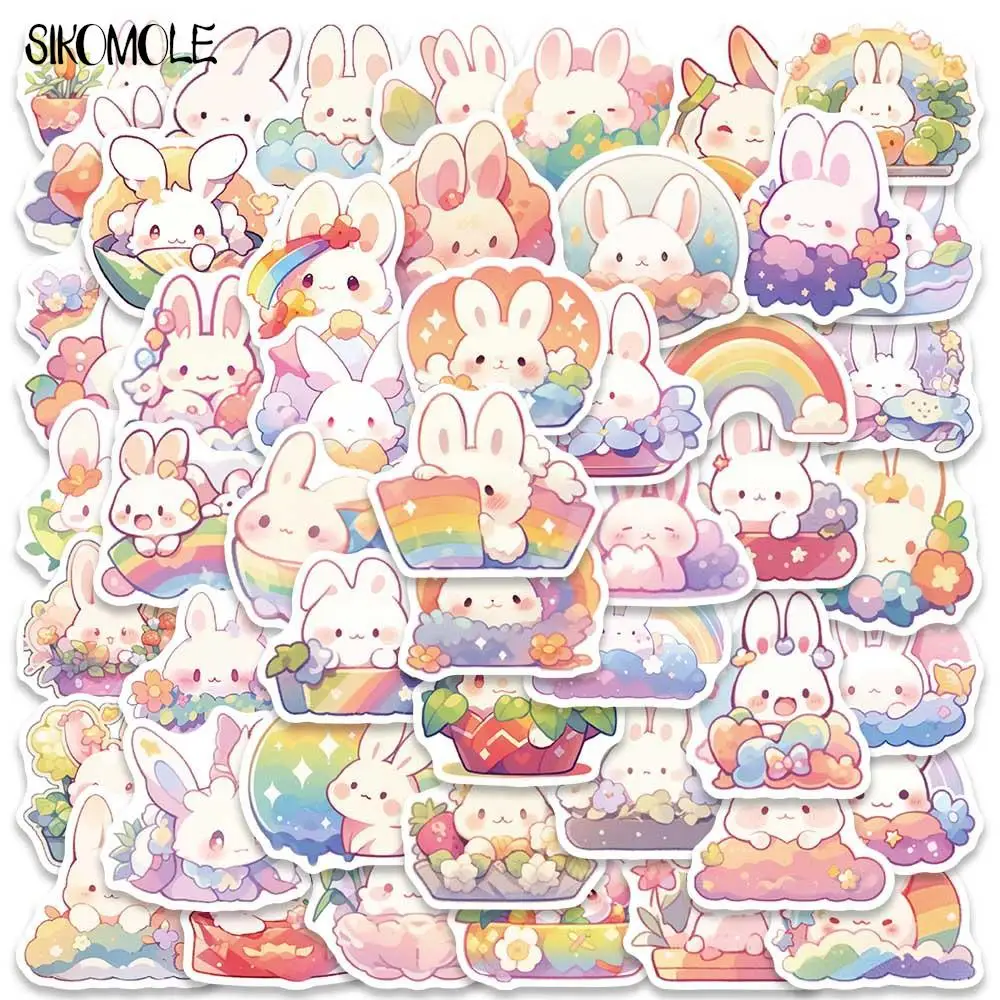 Desenhos animados Rainbow Bunny Graffiti Adesivos, Coelho Kawaii, DIY, Mala, Skate, Laptop, Bagagem, Adesivos Decalques, 10 Pcs, 30 Pcs, 50Pcs