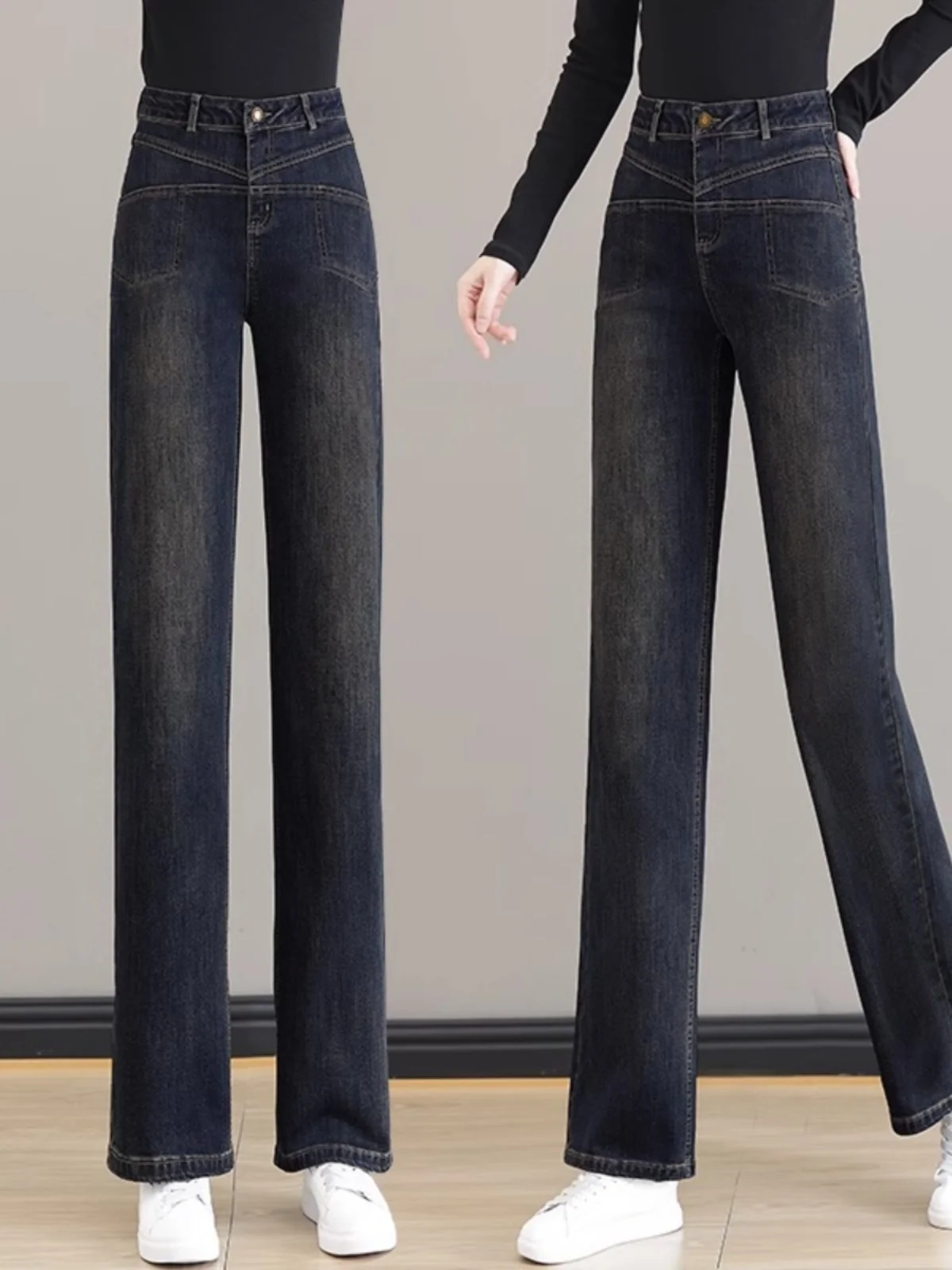 

Женские джинсы в стиле ретро с эффектом цементной стирки, с высокой талией, прямые, широкие штанины, осенняя новинка, большие размеры, облегающие брюки