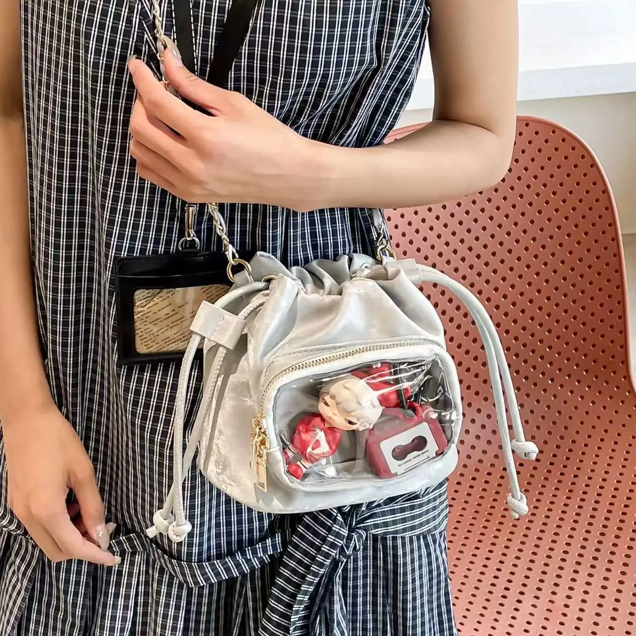 

Handbag Transparent Pocket Itabag Shoulder Bag Purse Drawstring Bucket Bag Adjustable Shoulder Strap Solid Color Crossbody Bag