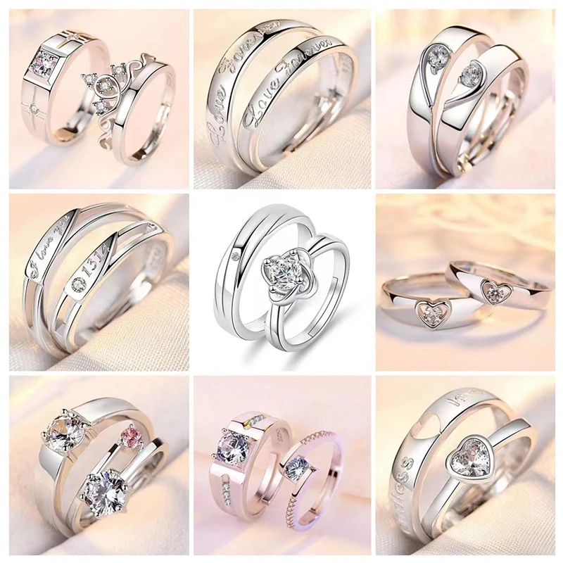2Pcs/sets Zircon Heart Matching Couple Rings Forever Endless Love Wedding Adjustable Ring for Women Men Charm Valentine\'s Day