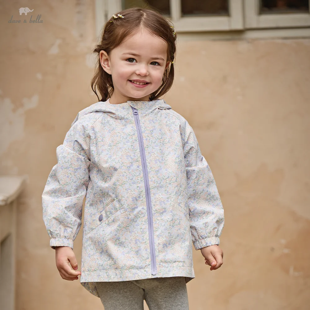 Dave Bella Floral Printed Coats Jackets Autumn Hooded Girls Children Kids Clothes Spring Outerwear Fashion Daily Sweet DB1260001