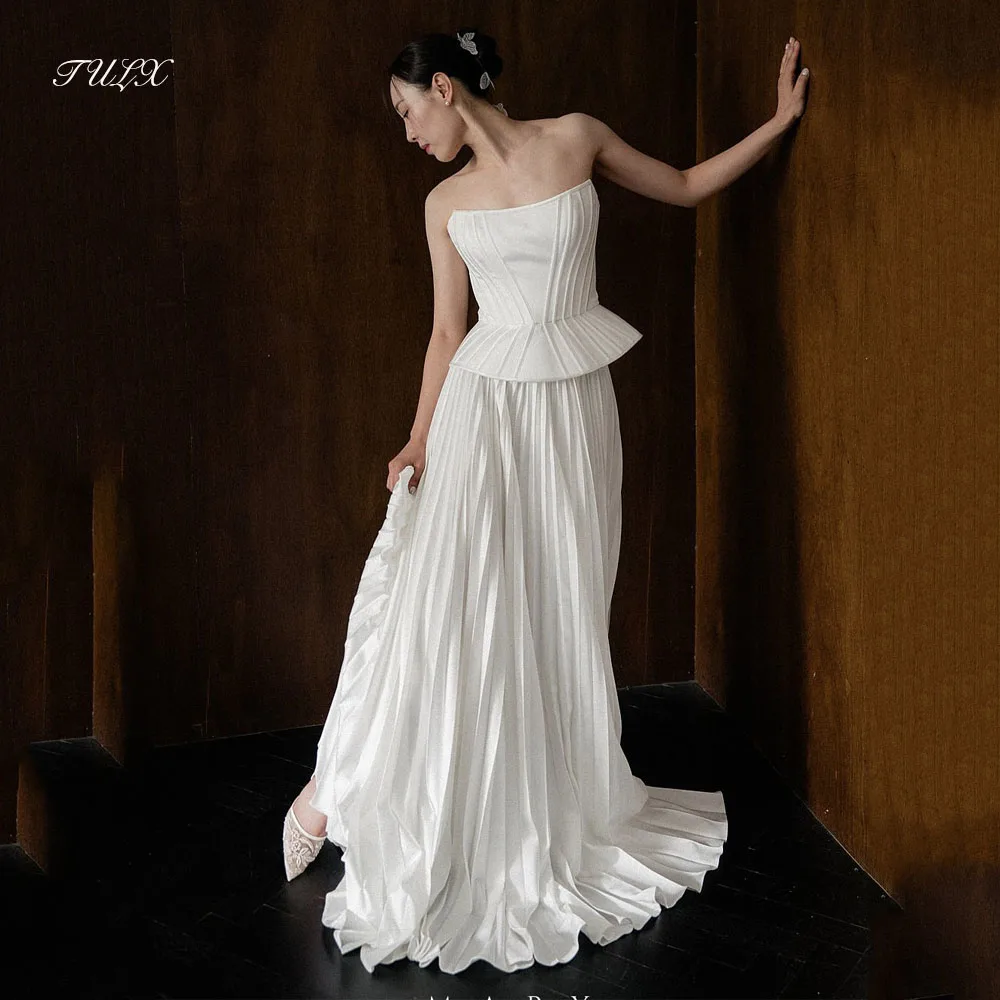 

TULX Elegant Ivory Wedding Dress Korea Photo Shoot Strapless Sleeveless Long Tiered Bridal Gowns Corset Customized 웨딩드레스