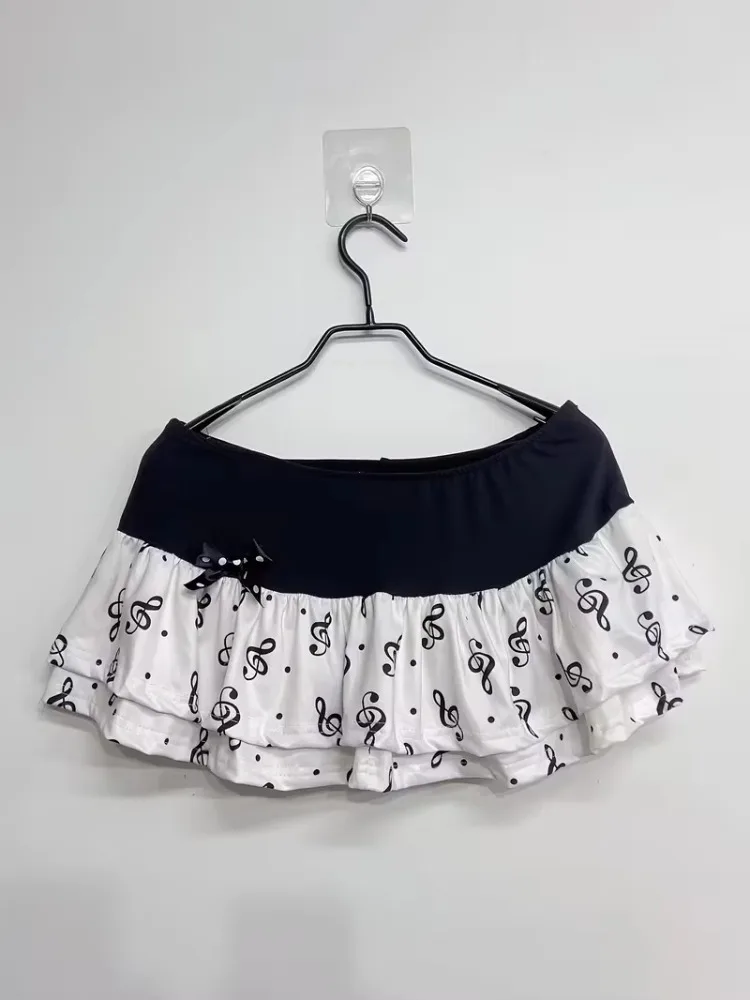Japanese Y2K Music Note Print Tiered Mini Skirt Black Waistband Bow Decor Double Ruffle Micro Skirt Gothic Sweet Skirt Summer