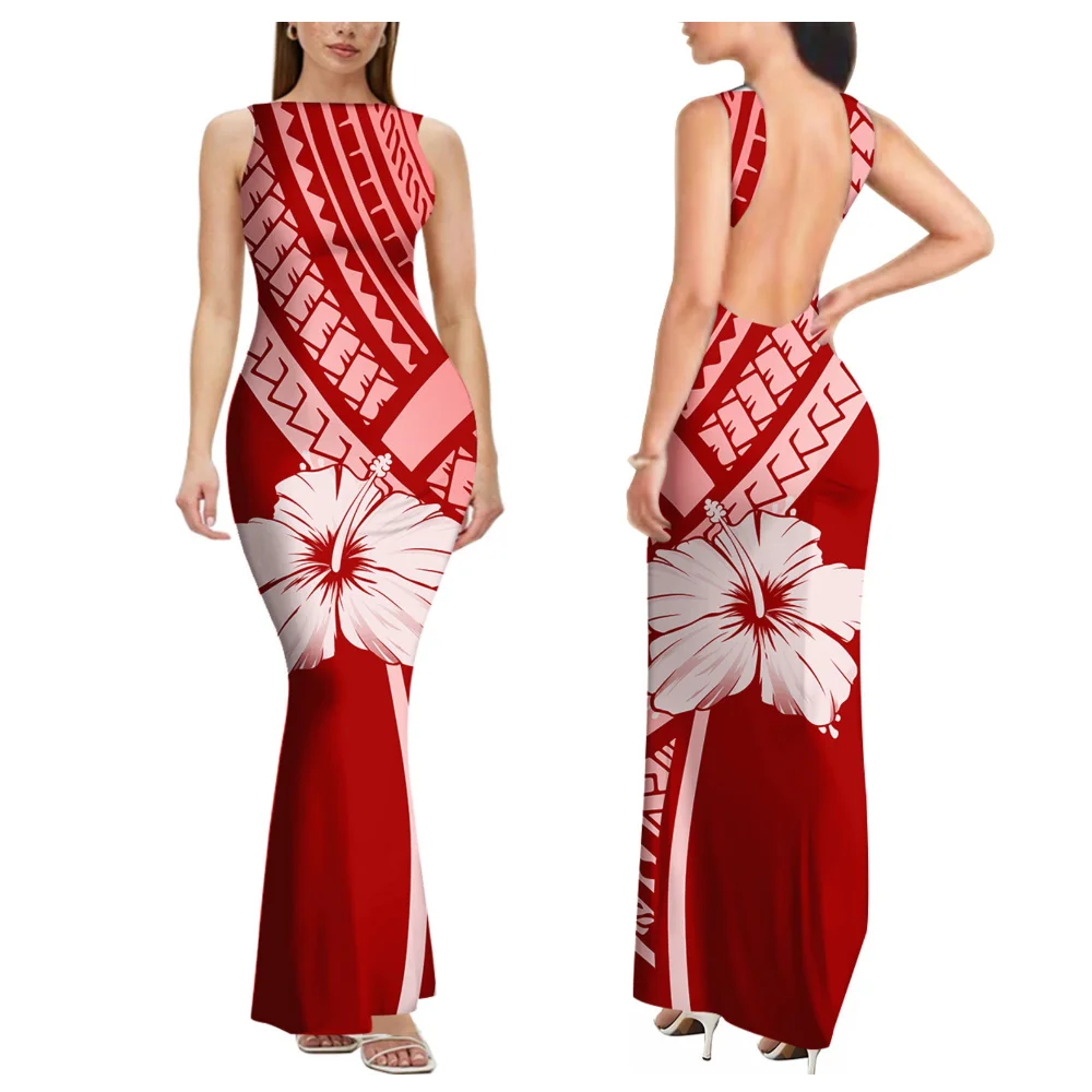 

Women'S Sexy Floor-Length Dress Polynesian Samoan Island Floral Print Festival Party Backless Evening Dress Ethnic Costume