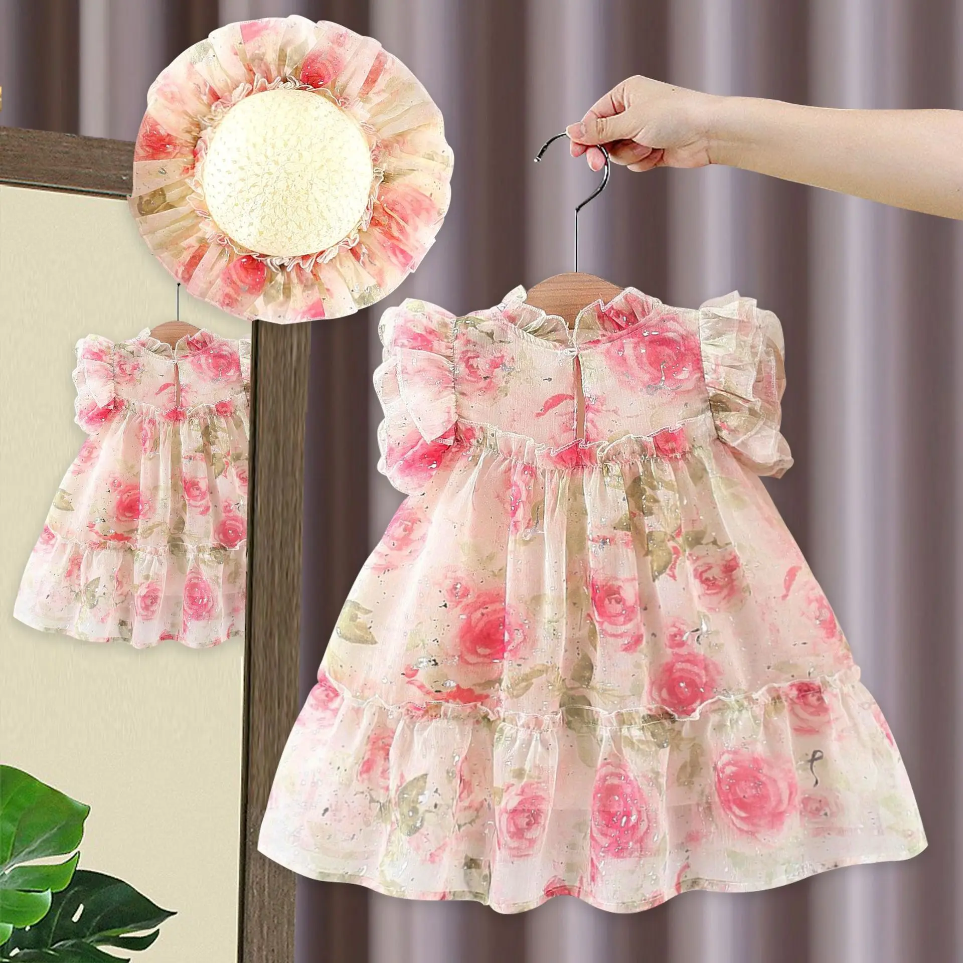 Summer girl dress baby girl flower and leaf embroidered collar patchwork lace bubble sleeves princess dress