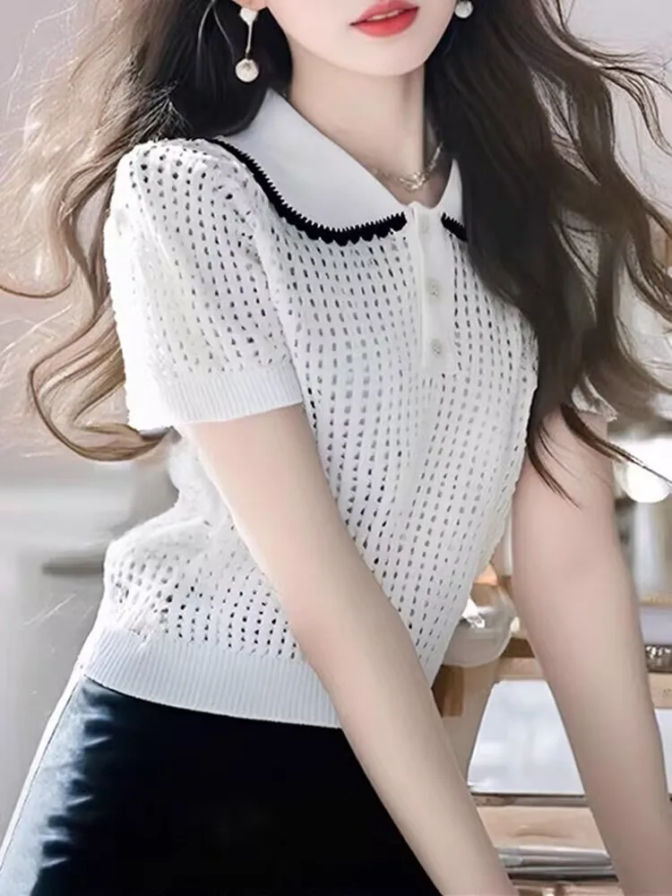 

Korean Sle Anti-Aging Bla Hollow out Collar Knitted ort Sve T-irt Women's New 2025 Unique Exquisite Top