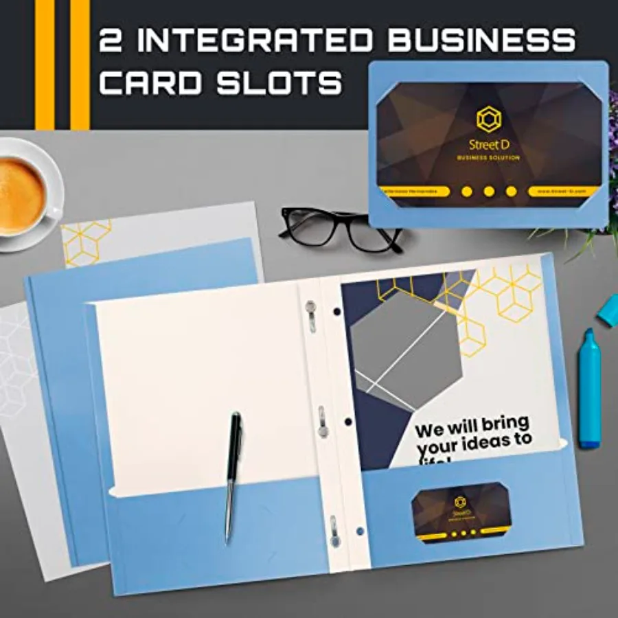 Lichtblauwe papieren mappen met tanden voor kantoorgebruik Matte textuur Letter-formaat 50-pack met 3 metalen tandbevestigingsclips Ideaal f