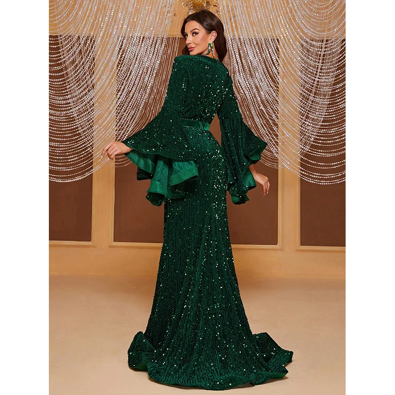 Elegant Ladies vestido de festa Women Flare sleeve V Neck Formal Occasion Green Sequied Evening Party Cocktal Mermaid Long dress