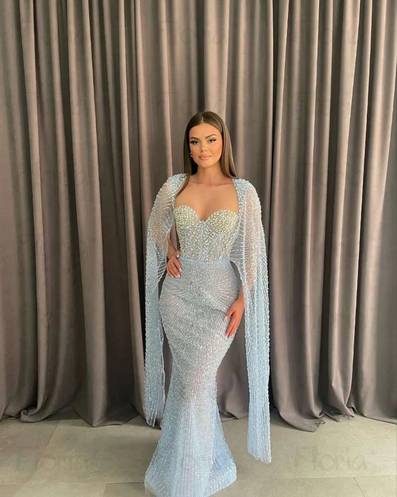 Abiti da ballo arabi blu lucidi Manica lunga a mantella Collo quadrato Abiti da cerimonia vintage per invitati Dubai Pegeant Night Wear Personalizzato 2025