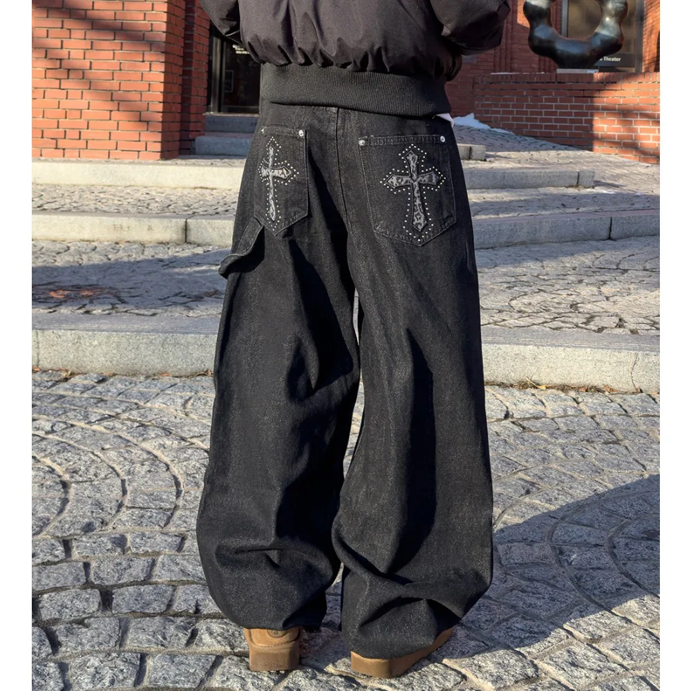 

Fashionable Camouflage Patterned Casual Denim Long Pants High Waist Wide Leg Cotton Jeans Black Color Spring Summer Autumn Wi...