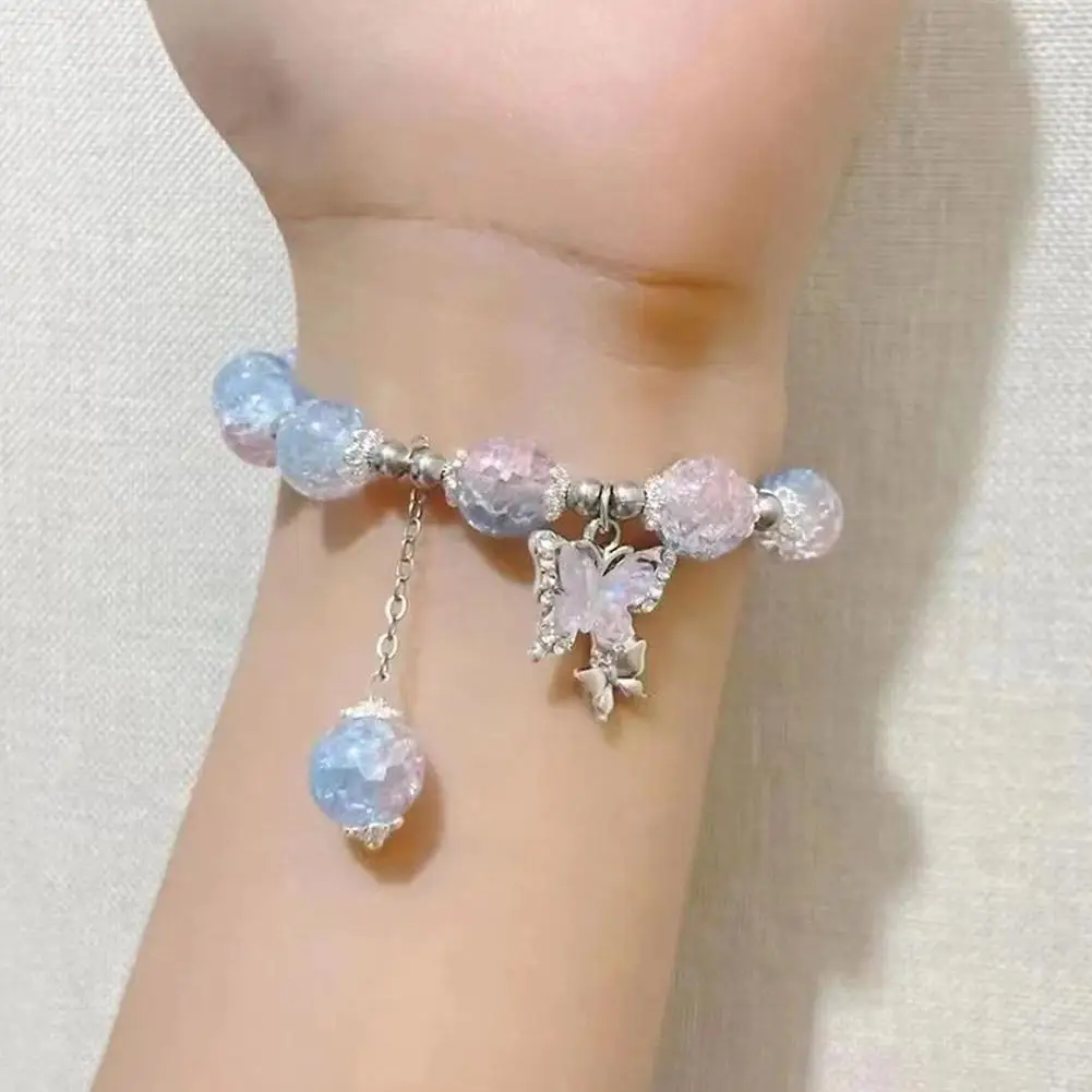 New Exquisite Butterfly Ice Crack Gradient Glaze Crystal Beaded Bracelet Women's Girls' Elastic Sen Series Sweet Fashion Jewelry