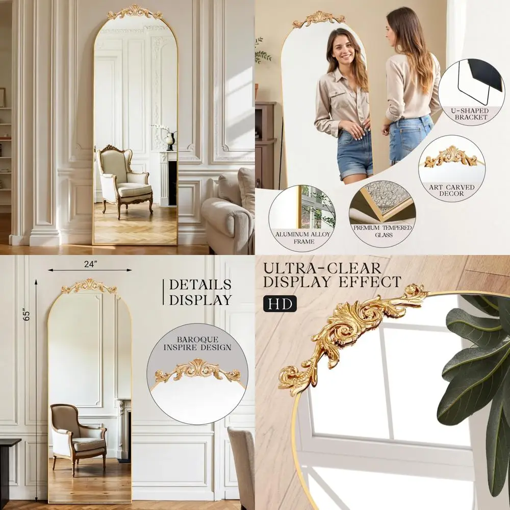 Antique Large Arched Full Body Mirror 65x24 Freestanding French Carved Top Vintage Baroque Style