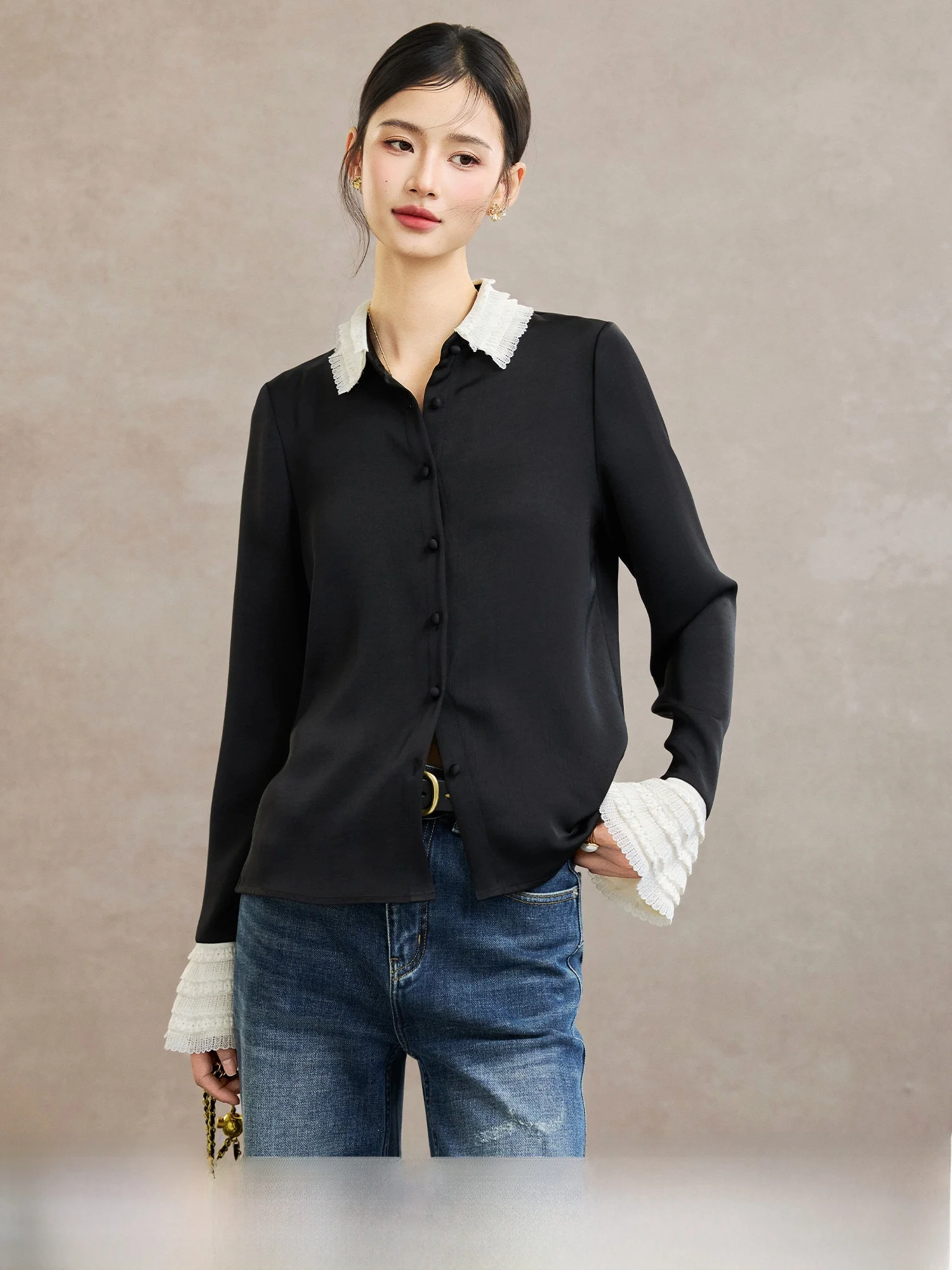 

Женская модная блузка с длинным рукавом Romantic Symphony Pumpkin Valley Glowing Modal Classic Color Blo Ruffle для повседневной носки