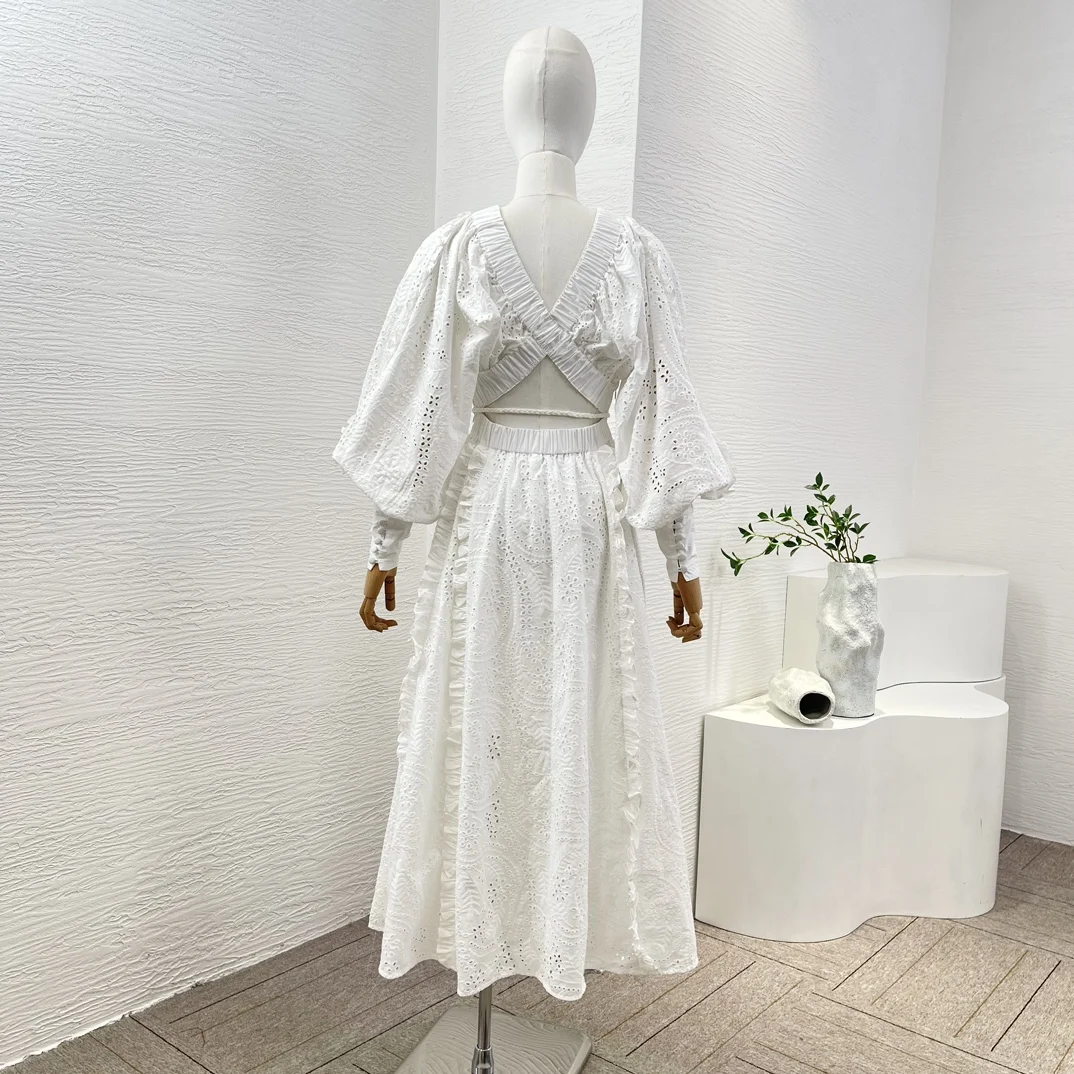 Re-tro White Hollow Out 2024 New Women Clothing Collection High Quality Long Lantern Sleeve Waist Lace-up Cut Out Midi Dress