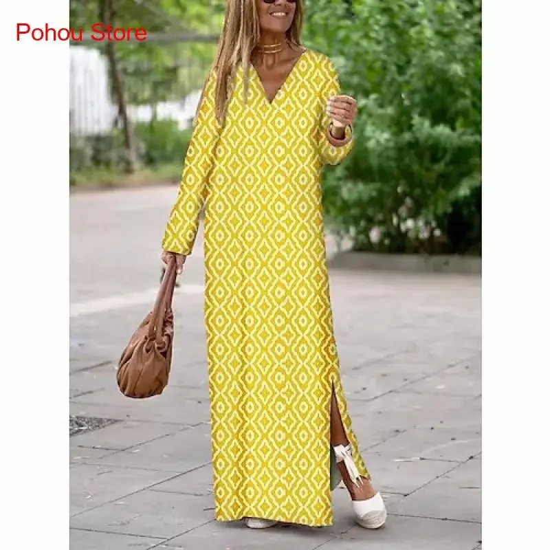 Spring Summer Autumn Printed Long Sleeve V-Neck Dress Women