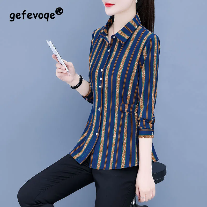 Striped All-match Fashion Women\'s Clothing 2023 Spring Long Sleeve Button Slim Tops Women New Elastic Waist Shirt