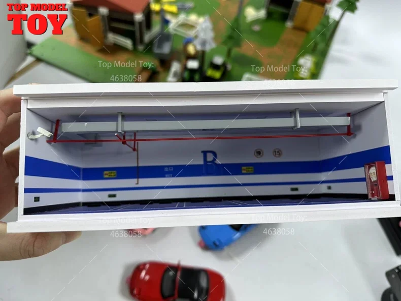 1/64 Scale Simulate Miniature Scene Parking Lot Garage Scene Model with Light Storage Display Box Mini House Props for Fans