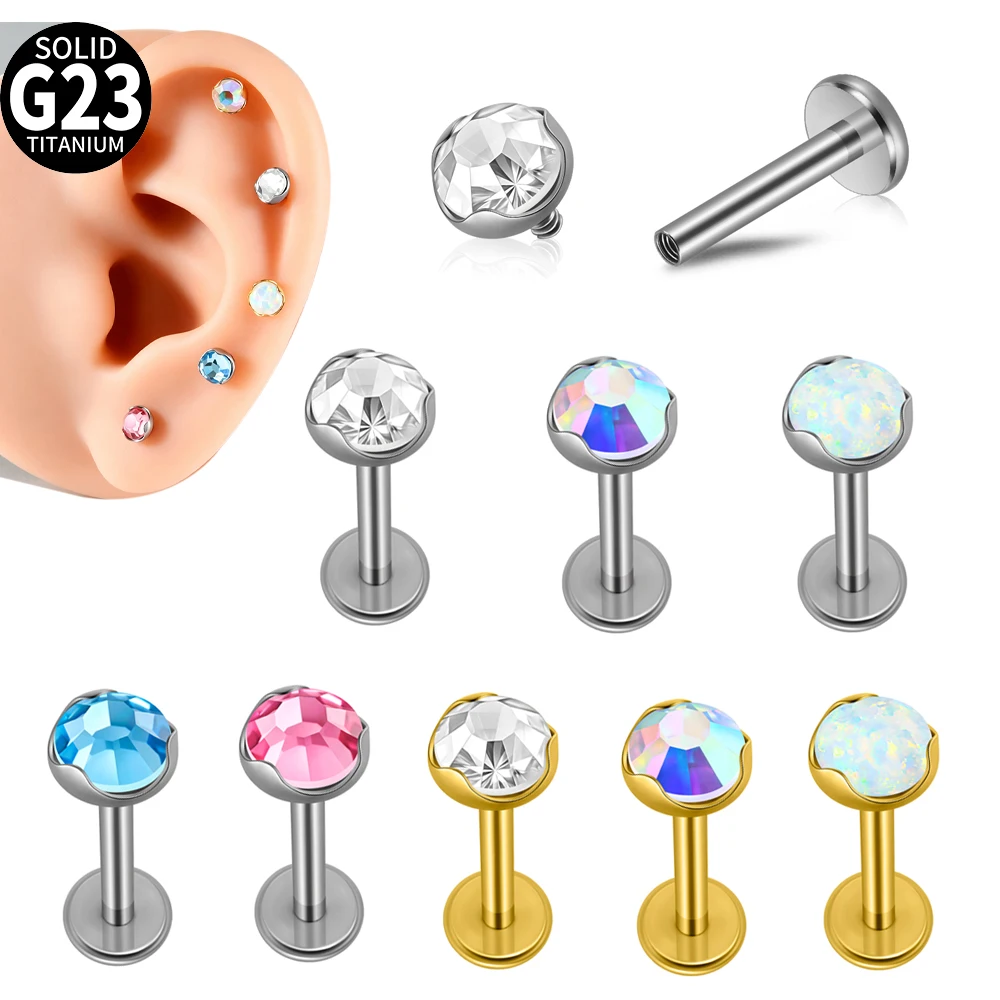 1/5PCS F-136 Implant Titanium Different Color Rhinestone Labret 16G Internal Threaded Cartilage Helix Lobe Earring Piercing