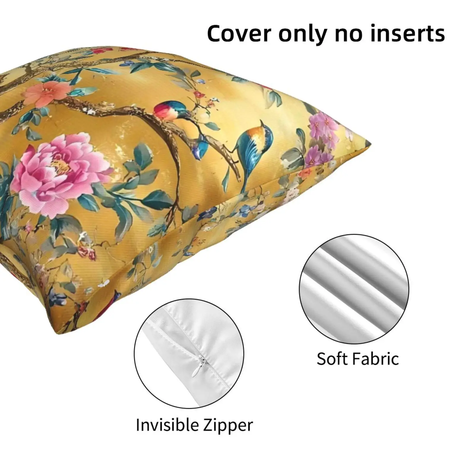 1 Kissenbezug im Vintage-Stil mit chinesischem Blumen- und Vogelmotiv, Polyester, mit Reißverschluss, quadratische Größe, eleganter dekorativer Kissenbezug, passend für – Detail 8