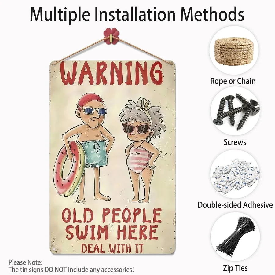 علامة حمام السباحة المعدنية المضحكة لكبار السن السباحة هنا ديكور جدار ريفي عتيق لفناء حمام السباحة علامة خارجية مضحكة مع تصميم قديم و