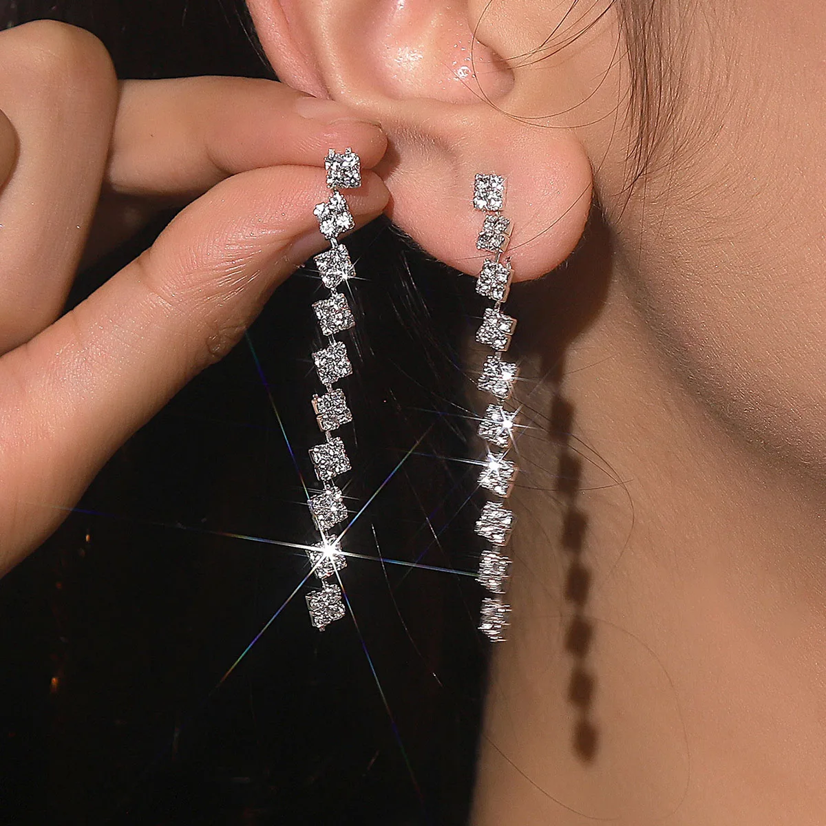 TREAZY Squares Shape Bridal Long Earrings Diamante Silver Color Rhinestone Crystal Dangle Earrings For Women Wedding Accessories
