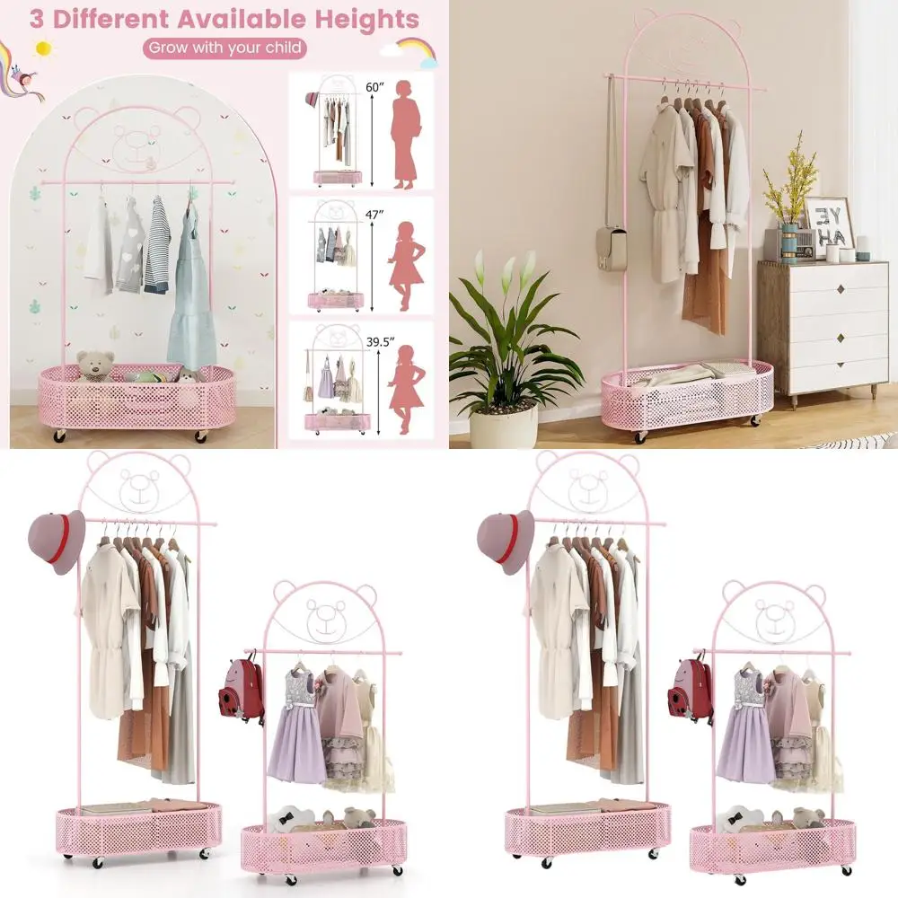 

Регулируемая по высоте детская вешалка для одежды с корзиной для хранения, металлический каркас, портативная, для игровой комнаты или спальни (розовая)