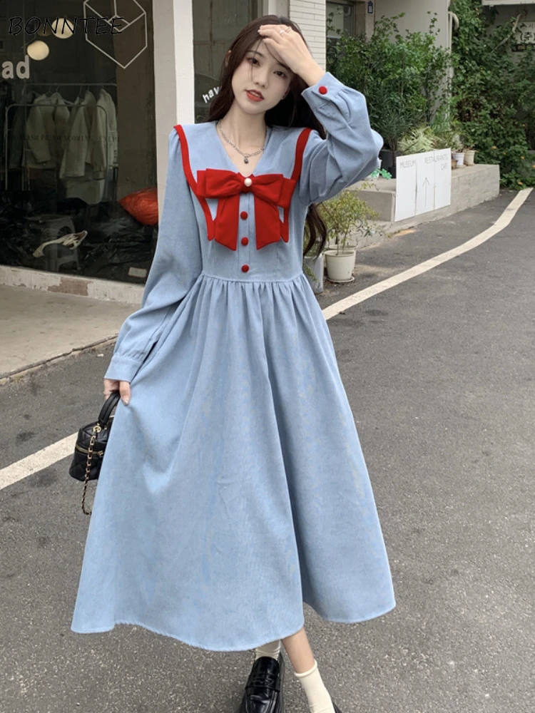 Long Sleeve Dresses Women Princess Korean Fashion Bow Design Corduroy Defined Waist Midi Vestidos Autumn Elegant All-match Ins