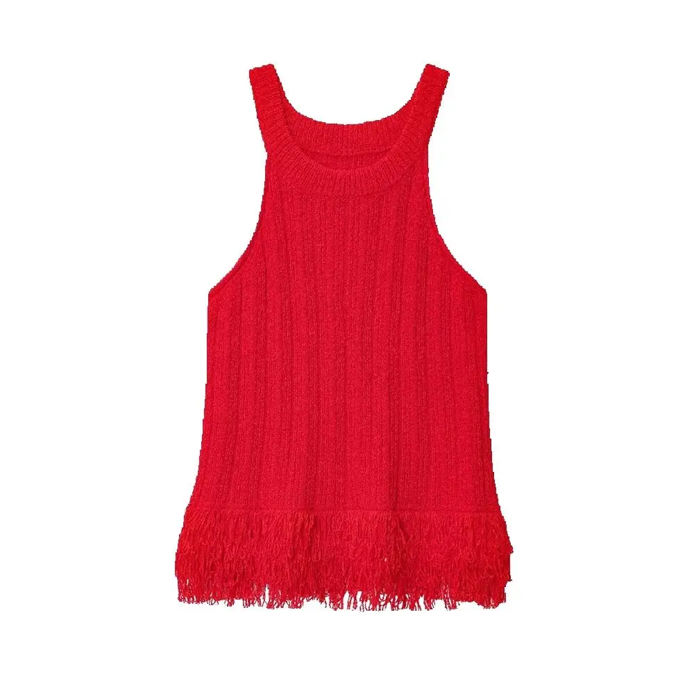 Autumn new style women's fringe decoration round neck sleeveless knitted vest top