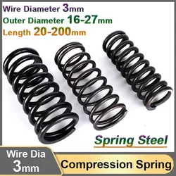 3mm Compression Spring Cylidrical Coil Rotor Return Compressed Springs Black Release Pressure Spring Steel OD 16-27mm L 20-200mm