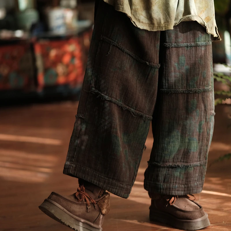 New Arrival Spring Women Good Quality Ankle-length Pants Casual Elastic Waist Vintage Patchwork Cotton Linen Wide Leg Pants Y242