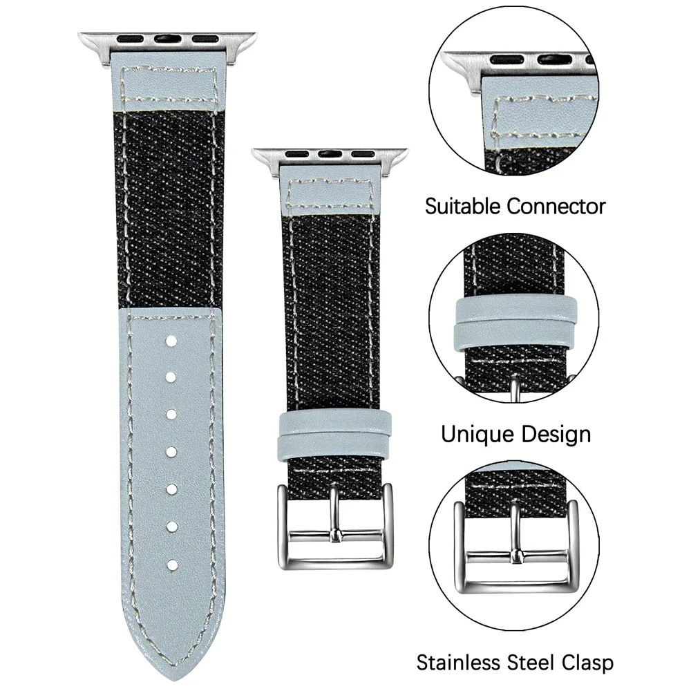 Denim Genuine Leather Band For Apple Watch Strap iWatch Series 8 7 SE 6 5 Ultra 44mm 45mm 49mm 42mm 41mm 40mm 38mm Bracelet Band