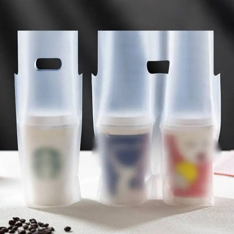100PCS Plastic Coffee Tote Bags Wholesale Customized Disposable Portable Single Double Cup Drinking Bag with Handle for Business