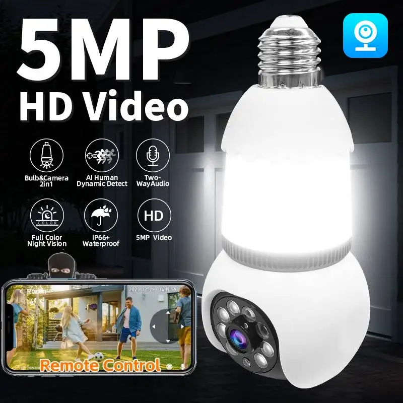 

5MP E27 Bulb Camera Wifi Surveillance LED Bulb IP Camera PTZ 8X Zoom Smart Home Tracking Two-way Audio Night Vision Wireless Cam