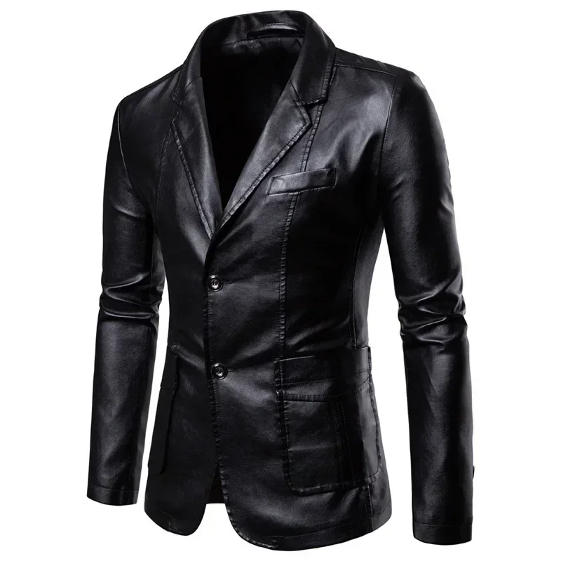 

Men's Leather Jacket, Suit Collar, Solid Color Motorcycle Jacket, Business Casual Multi Pocket Men's PU Jacket Leather Jacket