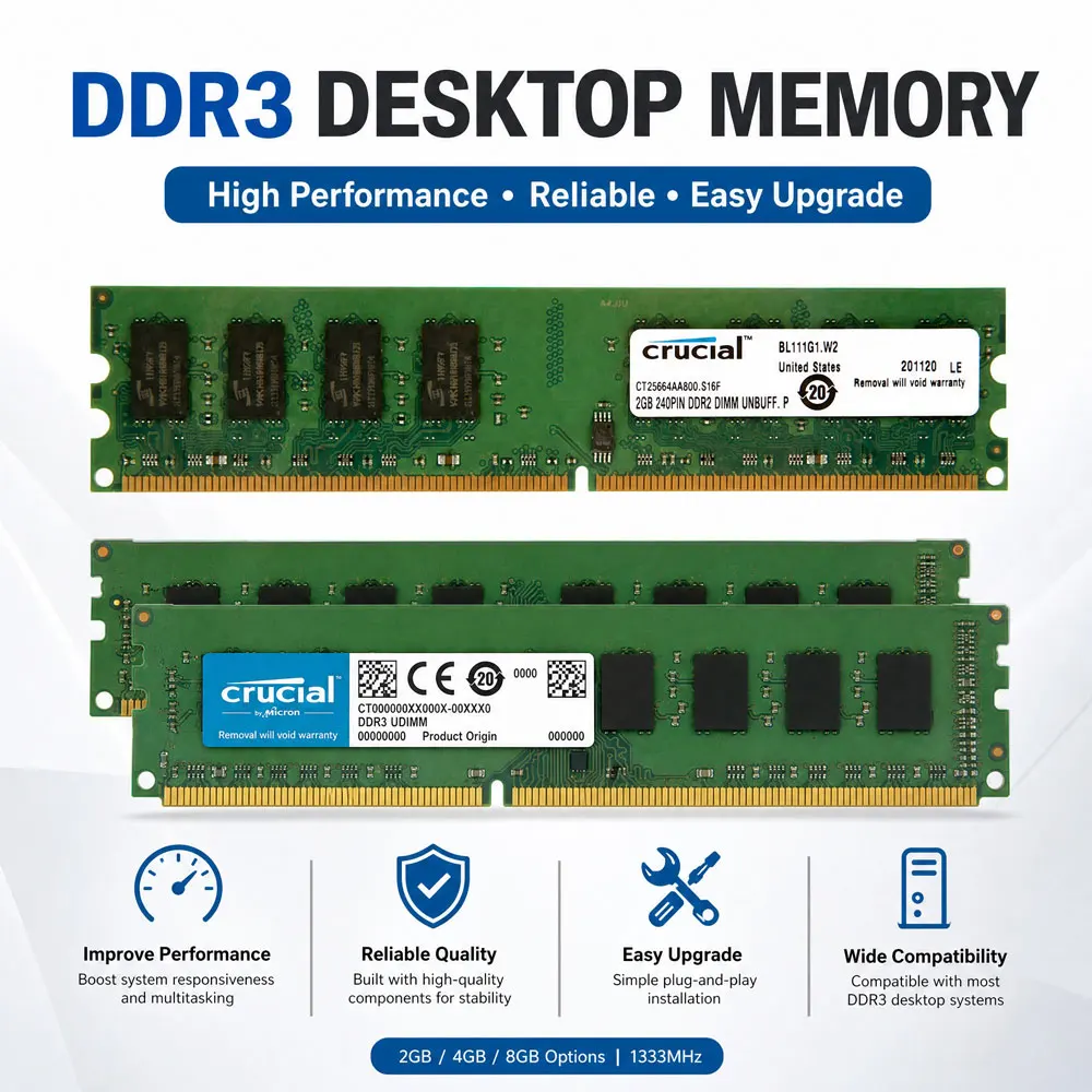 Mémoire RAM Crucial DDR3 DDR2 DDR3L pour ordinateur de bureau 2 Go 4 Go 8 Go KIT (2x4G)(2x8G) 1600 1333 1866 MHz DIMM PC2-6400 5300 PC3-12800 14900